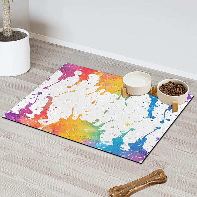 Colorful Graffiti Dog Food Mat for Floors Absorbent Dog Bowl Mat for Food and Water Dispenser Quick Dry Cat Food Placemat Pet Supplies 24" x 32", Cool Graffiti