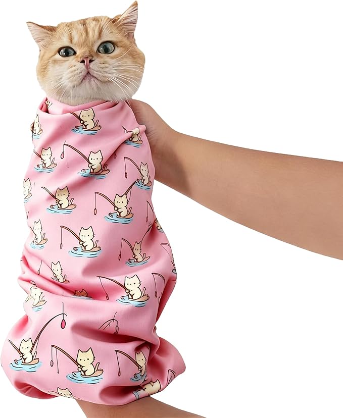 29.5" Cat Grooming Wrap,cat wrap for Cutting Nails,Self-Adhesive cat Swaddle wrap cat Restraint cat wrap Blanket for Medicine, Nail Clipping, Teeth Brushing,Pink Kitten(Within 16lbs)