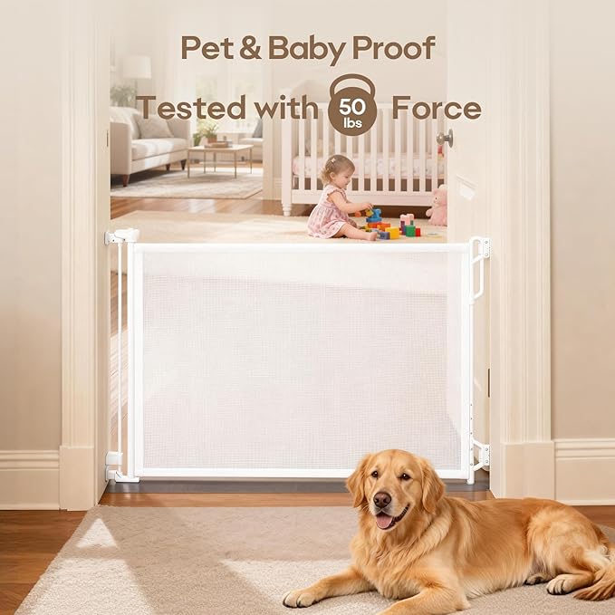 Retractable Safety Baby Gate or Mesh Dog Gate,Durable Portable Mesh Retractable Gate,Easy to Use for Stairs, Doorways, Hallways, Indoor, Outdoor, 33.5" Tall, Up to 45" Wide, White