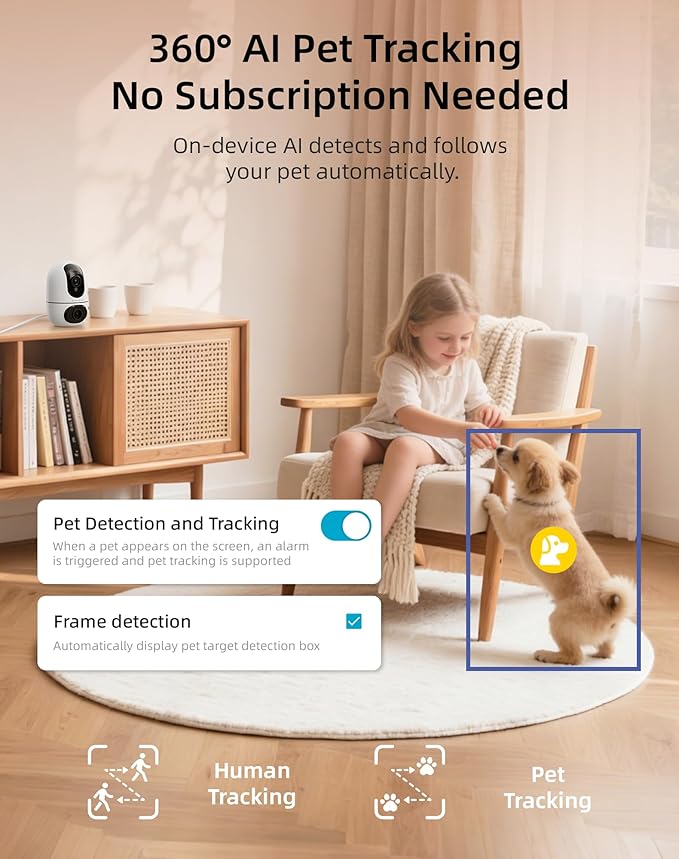 virtavo AI Pet Camera Indoor with Phone App for Dog, Cat & Puppy, 360° Dual-Lens with Auto Tracking & Pet Calling, No Subscription, Wi-Fi 6 (5GHz/2.4GHz), Alexa Compatible, Night Vision