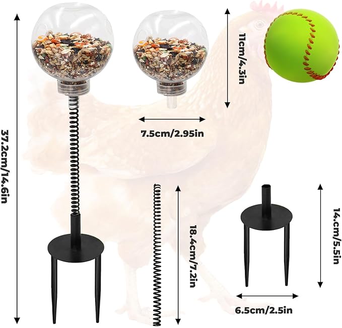Chicken Enrichment Toys with Spring and Ground Stake, 4 Peck Treat Dispenser, Chicken Feeder for Coop, Coop Accessories for Hens, Geese, Ducks, Turkeys, Other Poultry
