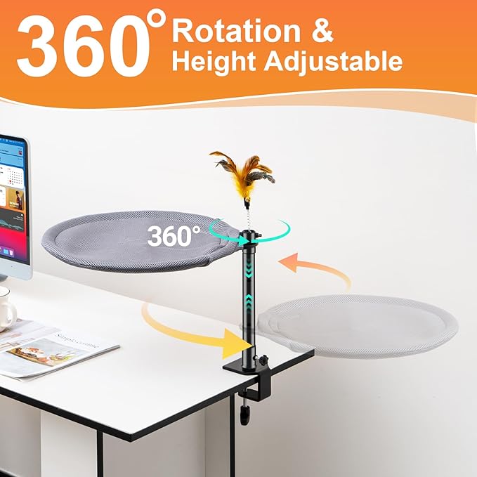 Uross Cat Desk Bed - Adjustable Height & 360 Rotation Cat Desk Perch Mount for Office and Game Tables, Attachment Desktop Bed with 2 Washable Covers, Soft Rabbit Fur& Breathable Mesh -Grey