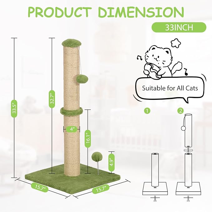22 Inch Cat Scratching Post Cat Scratcher, Natural Sisal Rope Scratch Post Trees with Hanging Ball for Indoor Kittens