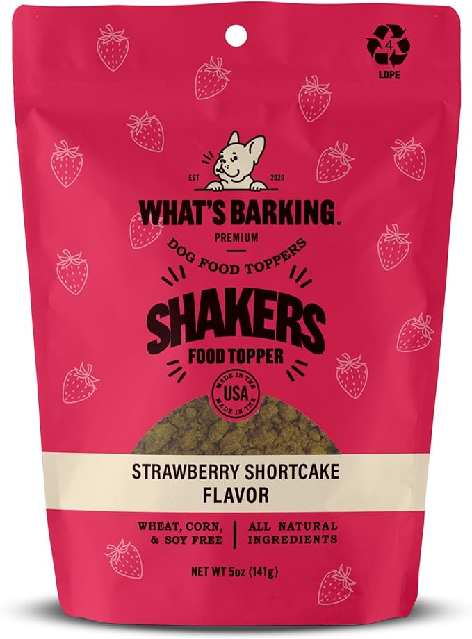 What's Barking Shakers Meal Toppers, Dog Treat Crumbles for Food Topping, Pet Essentials, Sprinkle Topper for Kibble or Wet Food, Made in USA, Resealable Bag, Strawberry Shortcake Flavor, 5 oz