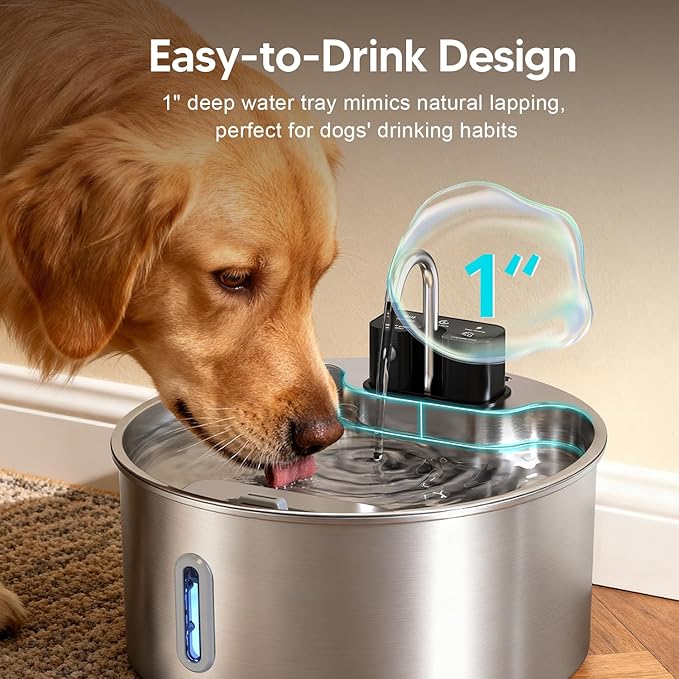 Dog Water Fountain,Wireless Stainless Steel Dog Fountain for Small to Large Dogs,1.8Gal/7L Battery Operated Cat Water Fountain,Water Level Window,Quiet Pump,Multi-Filtration,Easy Clean,3 Filter