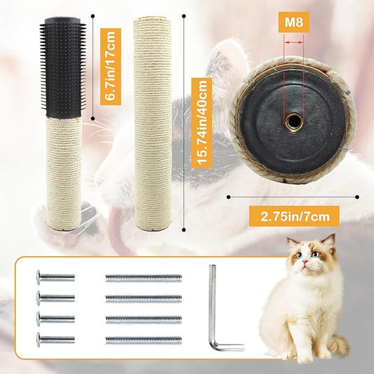 Cat Scratching Post Replacement,15.7 in M8 Cat Tower Replacement Poles with Self Groomer Massage Natural Sisal Refill Pole Parts Climbing Tickling Clawing for Indoor Cats Furniture Accessories