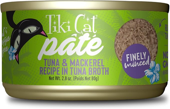Tiki Cat Luau Pâté, Ahi Tuna & Mackerel Recipe in Tuna Consumme, Grain-Free Balanced Nutrition Wet Canned Cat Food, for All Life Stages, 2.8 oz. Cans (Pack of 12)