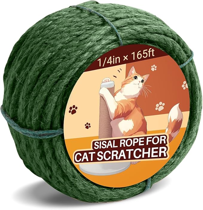 Sisal Rope for Cat Scratcher 1/4" 166 Ft Cat Tree Rope Twine for Repairing Cat Scratching Post Replacement DIY Hemp Rope for Carpet Mat, Pet Toy, and Crafts Gardening Home Decorating (Green)