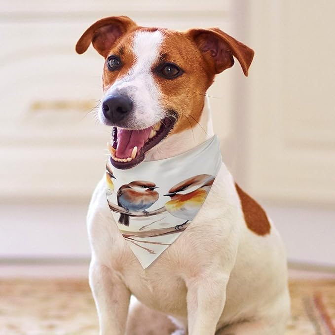 Dog Bandana Spring Pet Scarf Adjustable Triangle Birds Resting on Tree Branch Printing Dog Bib Washable Polyester Puppy Bandana for Small Medium Large Dogs Cat Birthday Party Supplies