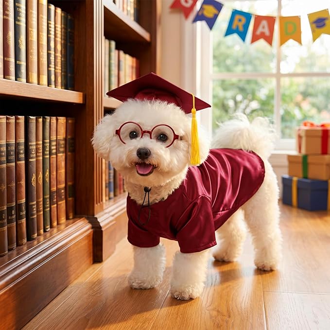 Dog Graduation Cap and Gown Set 2026 - Adjustable Washable Pet Cosplay Costume for Small Medium Dogs, Graduation Gift Supplies with Cap Robe Tassel,Dog Graduation Outfits Gifts (red, Small)