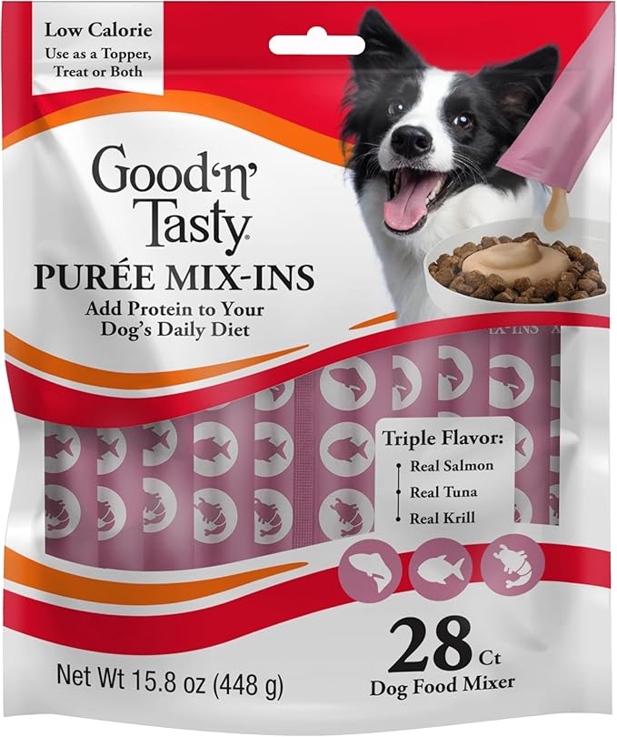 Good 'n' Tasty Triple Flavor Puree Mix-Ins Dog Food Topper Treats for All Dogs, 28 Count, Easy Single-Serve Portions, Added Protein with Salmon, Tuna and Krill, No Chicken or Beef Added