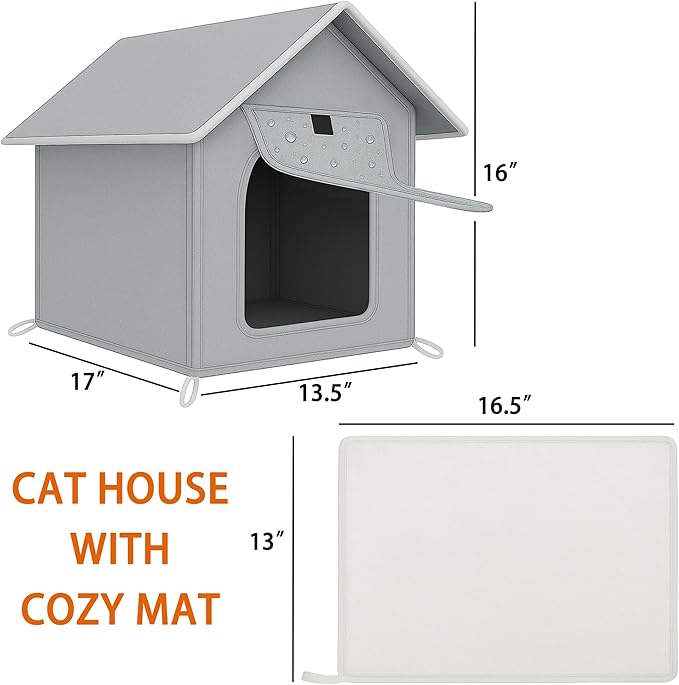 Outdoor Cat House with Cozy Cushion, Waterproof Insulated Cat Houses for Outdoor Cats, Shelter for Feral Pet Outside, Design for All Weather, Light Grey