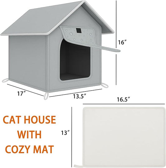 Outdoor Cat House with Cozy Cushion, Waterproof Insulated Cat Houses for Outdoor Cats, Shelter for Feral Pet Outside, Design for All Weather, Light Grey