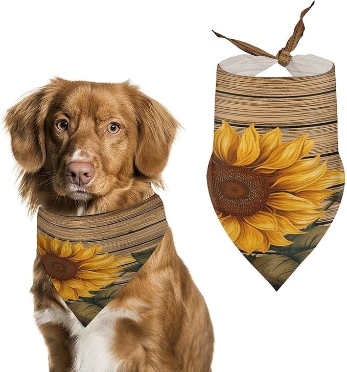 Dog Bandana Spring Pet Scarf Adjustable Triangle Paint Wooden Board Sunflower Printing Dog Bib Washable Polyester Puppy Bandana for Small Medium Large Dogs Cat Birthday Party Supplies