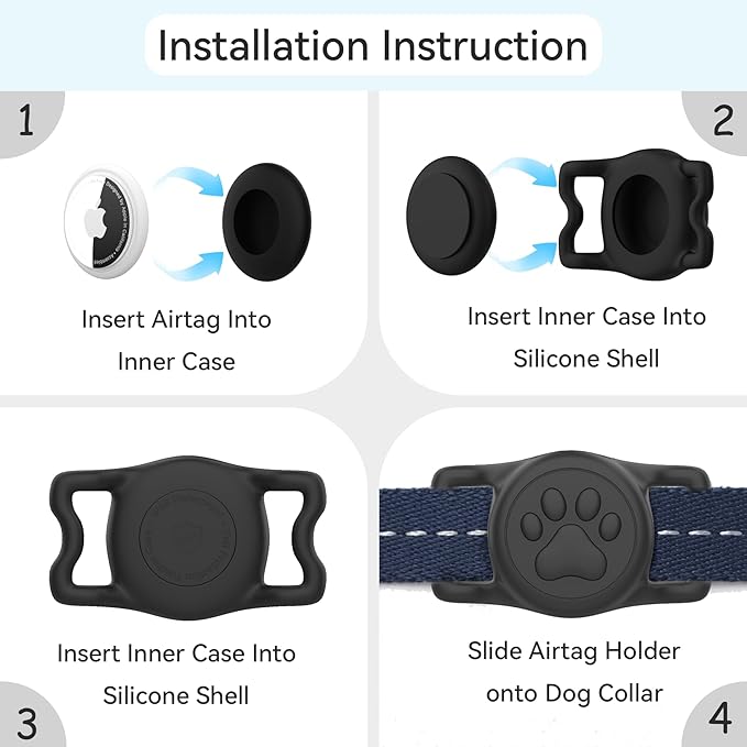 2-Pack Airtag Holder for Dog Collar, Waterproof Silicone Protective Case Cover, Anti-Lost Tracker Universal Fit for All Width Pet Collars (Black&Black)