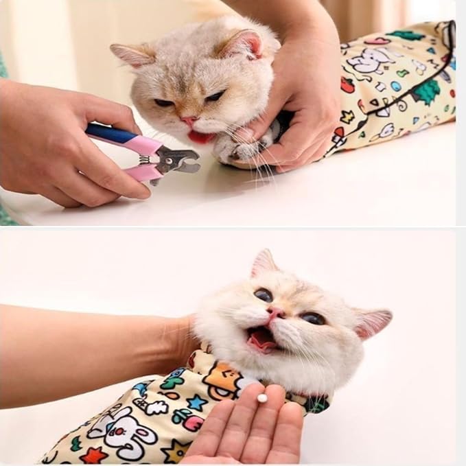 Cat Grooming Wrap, Self-Adhering Pet Wrap Soft Cat Swaddle for Cutting Nails Pet Restraint for Nail Clipping Anti-Scratch and Anti-Escape Calming Blanket (M (21.7×21.7in))