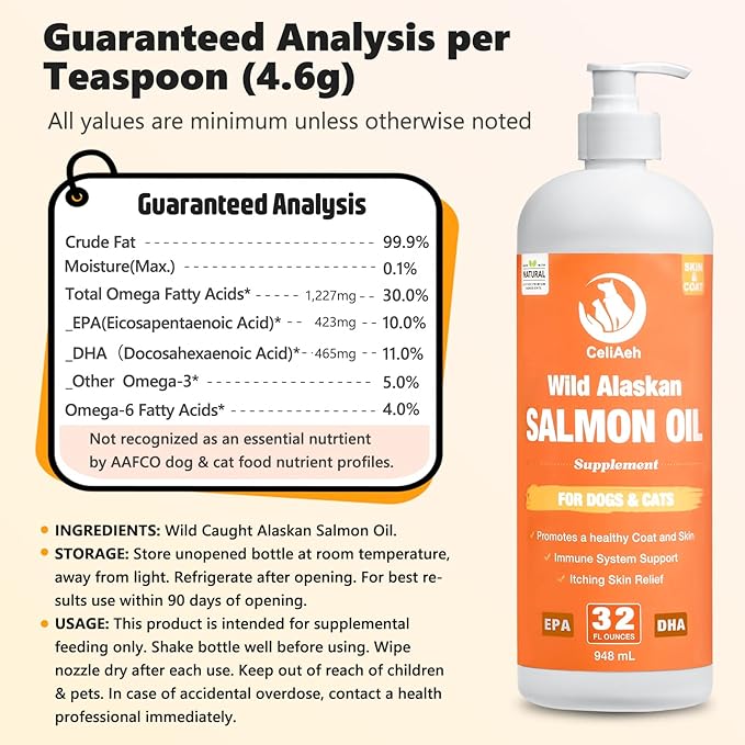 Wild Salmon Oil for Dogs & Cats 32oz Omega 3 Fish Oil Skin & Coat Supplement Pure Fish Omega 3 6 9 Liquid EPA DHA Fatty Acids - Itchy Relief Supports Joint Function, Brain, Eye, Immune & Heart Health