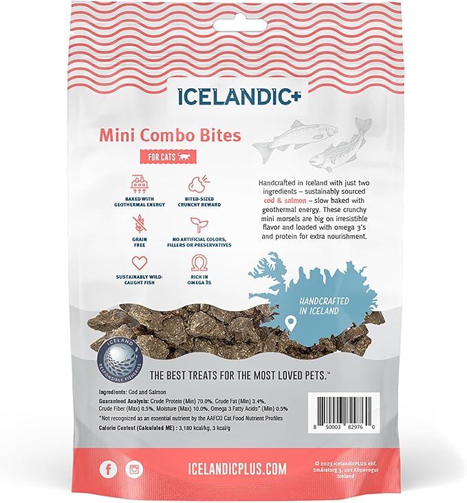 Icelandic+ Mini Combo Bites: Cod & Salmon - 1.7oz Bag - Cat Treats, .25" Crunchy Bites, 2 Ingredient Natural Pet Snacks, No Fillers, Wild-Caught Fish