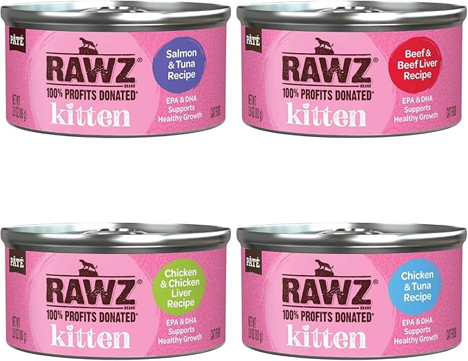 Rawz Natural Premium Kitten Pate Canned Cat Wet Food -12 Pack Cans Variety Flavor Pack -4 Flavors - (Salmon, Chicken, Tuna, Beef) Pets Can Lid - (2.8 oz Cans)