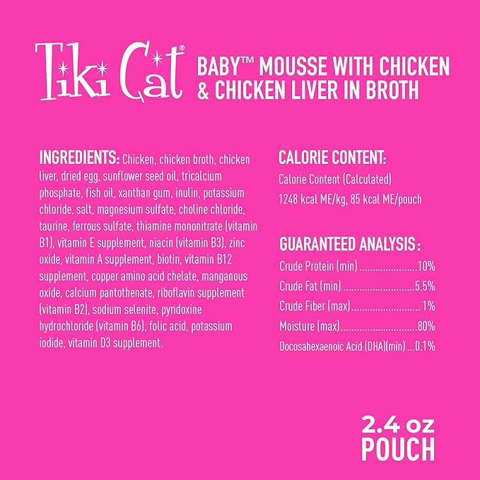 Tiki Cat Baby, Chicken and Chicken Liver, Grain-Free and Nutrient Rich, Wet Cat Food for Kittens 4 Weeks+, 2.4 oz. Pouch (12 Count)
