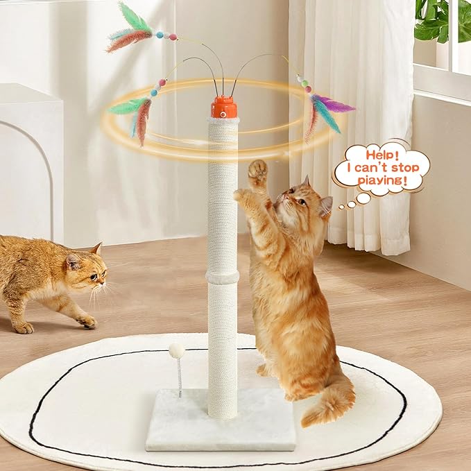 Cat Scratching Post ，42.5" Tall Heavy Duty Cat Scratcher Posts with Automatic Teaser Wand Cat Toys，Interactive Automatic Rotating Hanging Balls for Indoor Large Cats