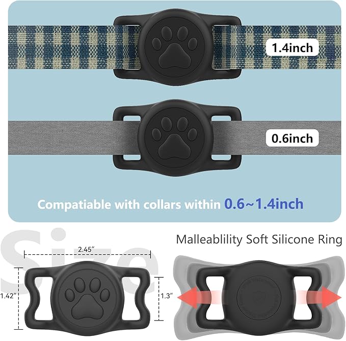 2-Pack Airtag Holder for Dog Collar, Waterproof Silicone Protective Case Cover, Anti-Lost Tracker Universal Fit for All Width Pet Collars (Black&Black)