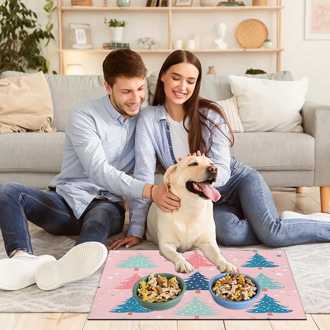 Merry Christmas Dog Food Mat for Floors Absorbent, Quick Dry Water Dispenser Mat for Food, Water, Pet Supplies 24" x 32", Christmas Tree