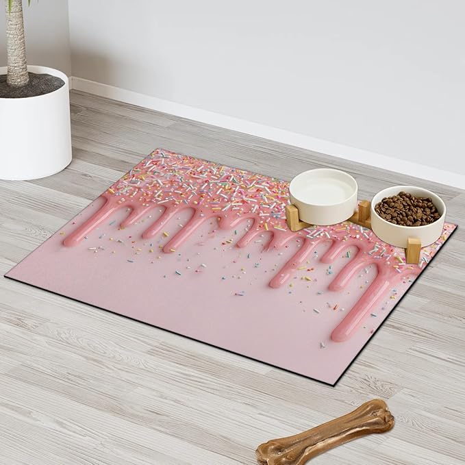 Ice Cream Dog Food Mat for Floors Absorbent Dog Bowl Mat for Food and Water Dispenser Quick Dry Cat Food Placemat Pet Supplies 16" x 24", Pink Ice Cream