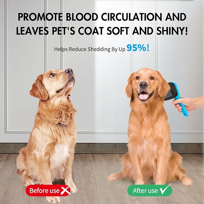 Dog Brush for Shedding, Self Cleaning Slicker Brush Ideal for Short Long Haired Dogs & Cats. Removes Loose Fur, Undercoat, Mats, Tangled Hair. Suit for Large Medium Small Animal. Blue