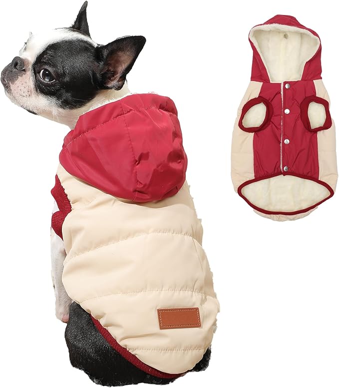 Fleece Lining Extra Warm Dog Hoodie in Winter for Small Dogs Jacket Puppy Coats with Hooded,Beige and Red M