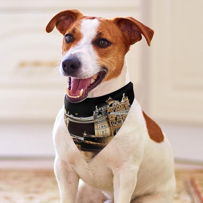 Dog Bandana Spring Pet Scarf Adjustable Triangle Night London Tower Bridge Printing Dog Bib Washable Polyester Puppy Bandana for Small Medium Large Dogs Cat Birthday Party Supplies