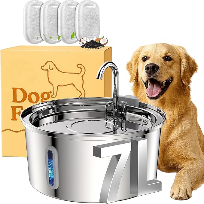 Dog Water Fountain, 4L/7L The Doggy Fountain, Stainless Steel Dog Water Fountain, Whisper Quiet & Easy to Clean & Multi-Filtration (Type B + 2 Filters, 7L/254oz)
