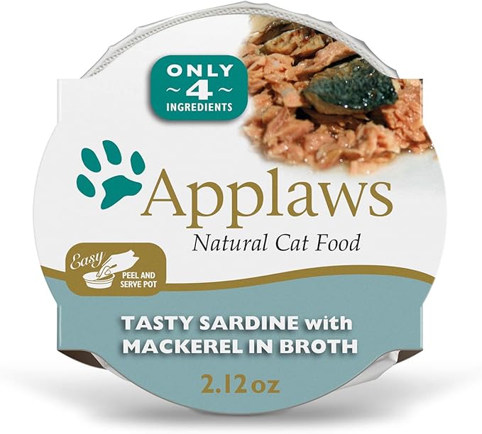 Applaws Natural Wet Cat Food, 18 Count, Limited Ingredient Cat Food Pots, Sardine with Mackerel in Broth, 2.12oz Pots