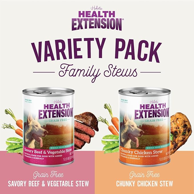 Health Extension Variety Pack - Chicken & Beef Stew Grain-Free Wet Dog Food, 12.5 oz – Protein-Rich Recipe, Hydration Support, Ideal for All Breeds (Case of 12 Cans)