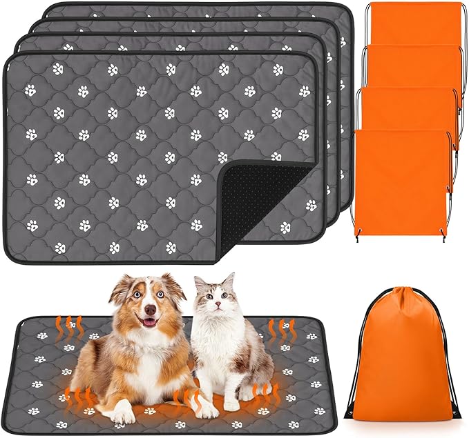 Riakrum 4 Pack 28 x 45 Inches Self Heating Cat Pad Mat Warming Pet Dog Bed Non Slip Washable Cat Kennel Crate Pad with Storage Bag for Indoor Outdoor Small Medium Dog Kitten