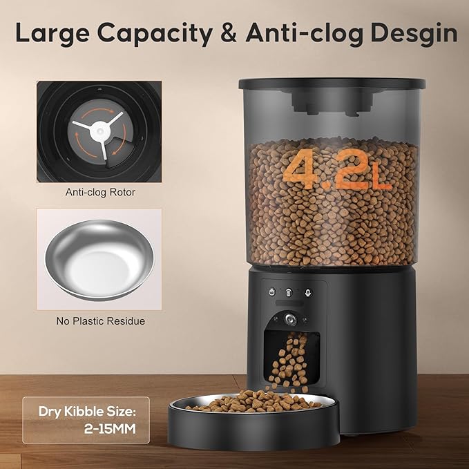 Automatic Cat Feeder with Camera,WiFi Cat Food Dispenser with App Control,1080P HD Video,Two-Way Audio, Transparent 4.2L Food Container (Black)