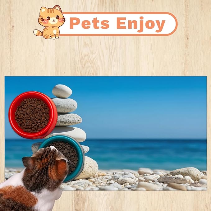 Stone Dog Food Mat for Floors Absorbent, Quick Dry Water Dispenser Mat for Food, Water, Pet Supplies 24" x 32", Hawaiian Beach