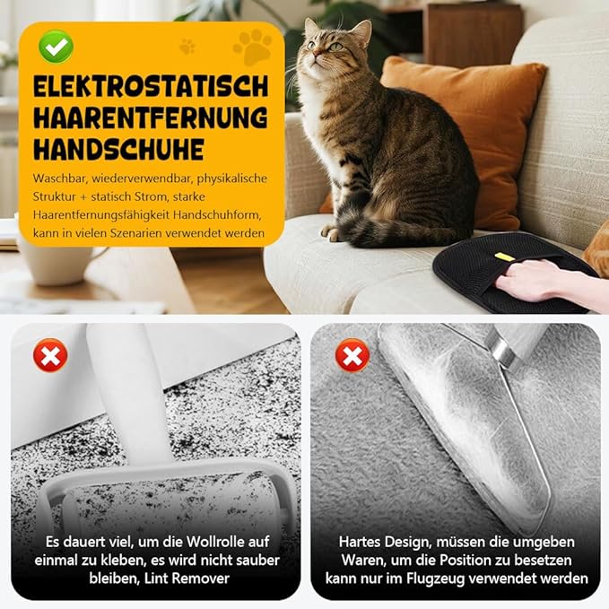 Electrostatic Gloves for Pet Hair Removal, Electrostatic Pet Hair Removal Gloves Brush for Pets Hair, Reusable Cats & Dogs Grooming Gloves for Hair Removal (Yellow*B, 2)