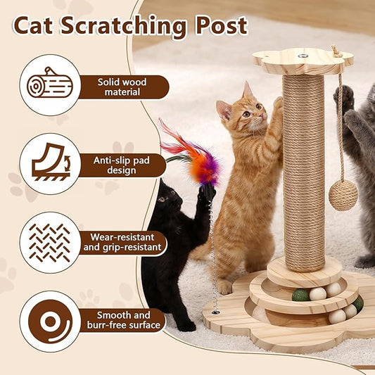 Cat Scratching Post, Cat Tower Scratch Post, Cat Tower with Scratching Post, Wooden Cats Tree with Solid Wood Waterproofing Base Cat Toy and Interactive Ball for Adult Cats & Kittens (Small)