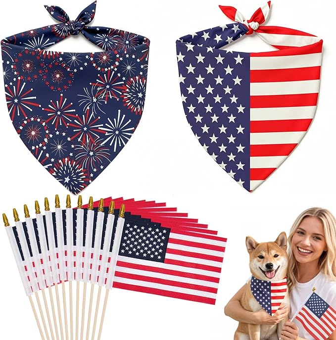4th of July Patriotic Decor Set, 12 Pcs American Flag Hand Held Flags with 2 Pcs USA Star Stripes Pet Bandanas for Dogs Cats Independence Day Party Supplies