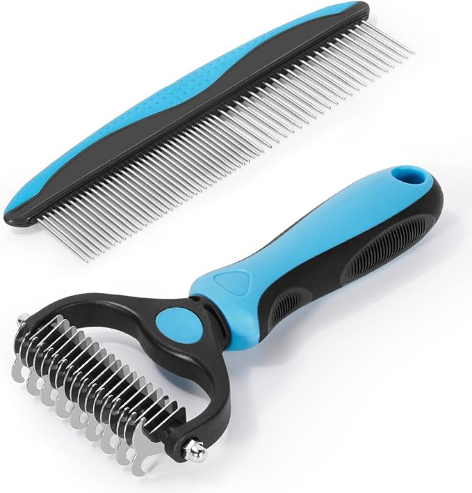 2-in-1 Pet Grooming Kit-Double-Sided Dematting Comb & Flea Comb for Detangling Matted Fur on Dogs/Cats/Rabbits-Effective Cat Brush & Dog Brush for Shedding（Blue