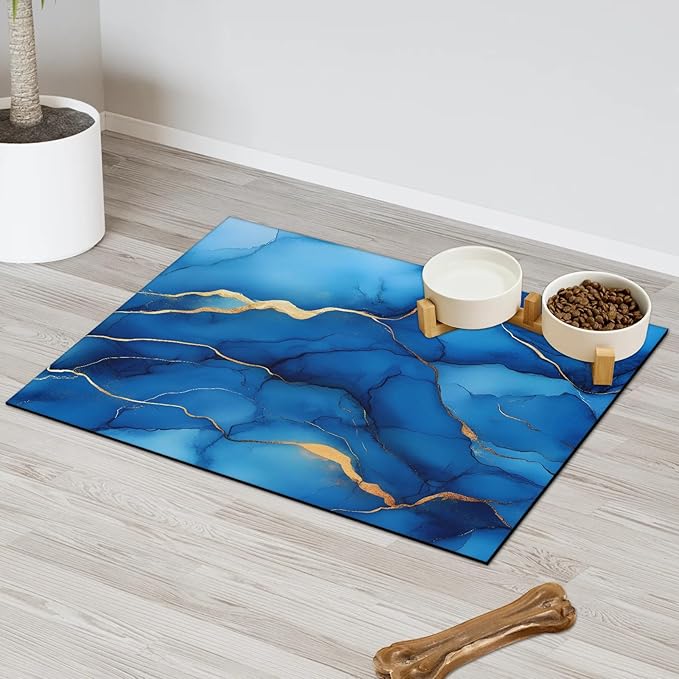 Navy Blue Marble Dog Food Mat for Floors Absorbent, Quick Dry Water Dispenser Mat for Food, Water, Pet Supplies 16" x 24", Marble