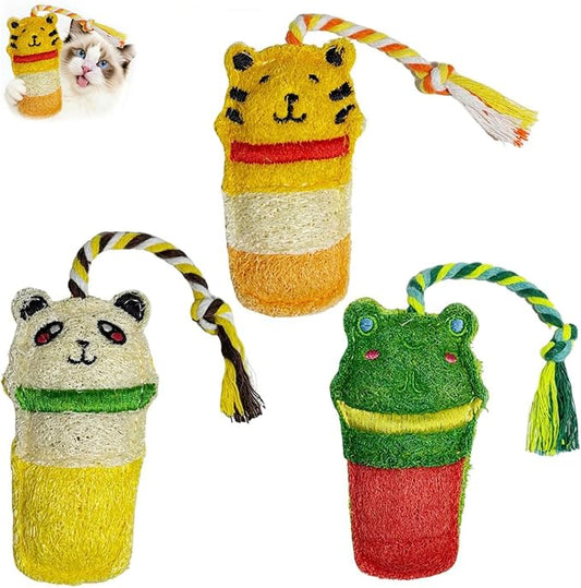 Cute Animal Shaped Natural Loofah Cat Chew Toys, Bite Resistant Teething Toys with Catnip & Silvervine for Kittens, Dental Care Pet Supplies for Cats & Small Dogs