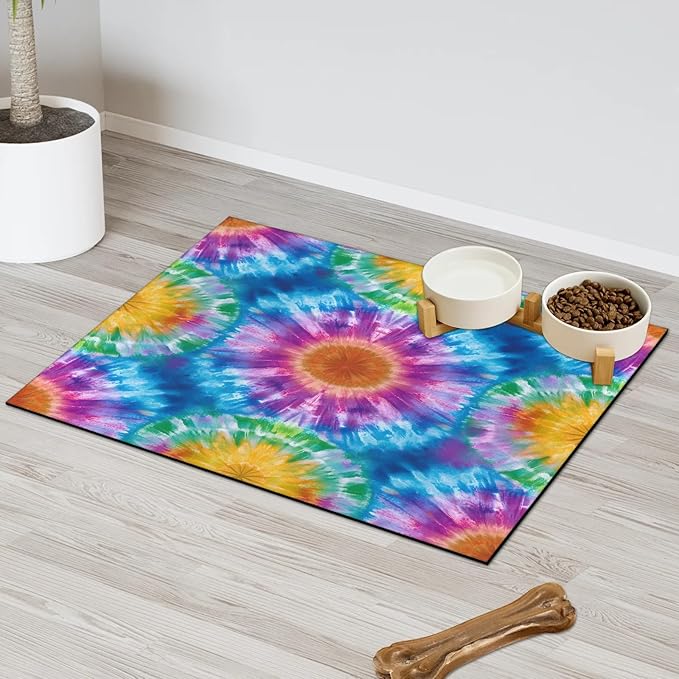 Tie Dye Dog Food Mat for Floors Absorbent, Quick Dry Water Dispenser Mat for Food, Water, Pet Supplies 16" x 24", Colorful Abstract