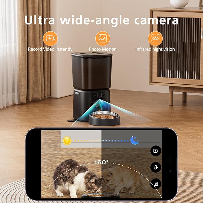 Automatic Cat Feeder with Camera, 4L WiFi Smart Pet Feeder with APP Control, 1080P HD Video,Night Vision,Voice Call, Motion Detection, Dual Power Supply, Supports 5GHz/2.4GHz,for Dogs Cats, Small-Pet
