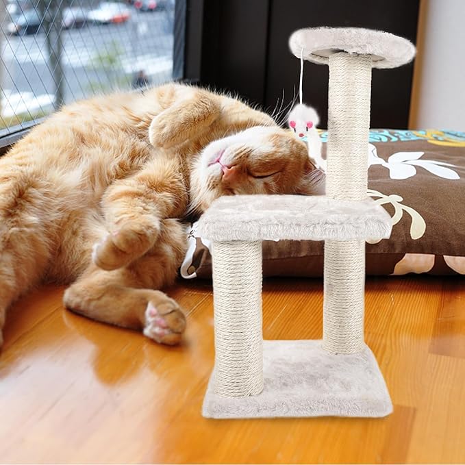 POPETPOP Beige 3-Layer Sisal Cat Scratching Post with Mouse, Multi-Level Vertical Cat Tree for Indoor Use, Sturdy Kitty Activity Tower and Climbing Structure