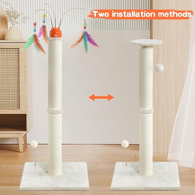 Cat Scratching Post ，42.5" Tall Heavy Duty Cat Scratcher Posts with Automatic Teaser Wand Cat Toys，Interactive Automatic Rotating Hanging Balls for Indoor Large Cats