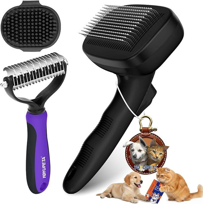 3PC Dog Brush Kit - Self-Cleaning Slicker Brush with Bath Brush & Undercoat Rake | Deshedding Tools for Large - Small Dogs & Cats, Professional Pet Grooming Set for Heavy Shedding, Black