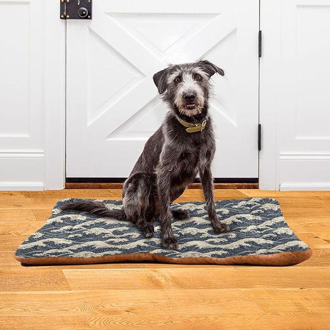Dog Bed for Crate Washable Pet Sleep Pad, Kanagawa Reimagined Kennel Mat with Non-Slip Bottom, Soft Fluffy Supplies Pet for Dogs and Cats (24x18 inch)