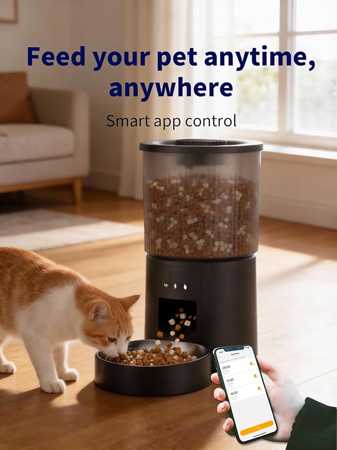 Automatic Cat Feeder, 2.4GHz WiFi Automatic Dog Food Dispenser, Fresh Protection, 4L Timer Feeder, Personalized Recording 10 Seconds, Easy to Clean, Stainless Steel Bowl (Single/Black)
